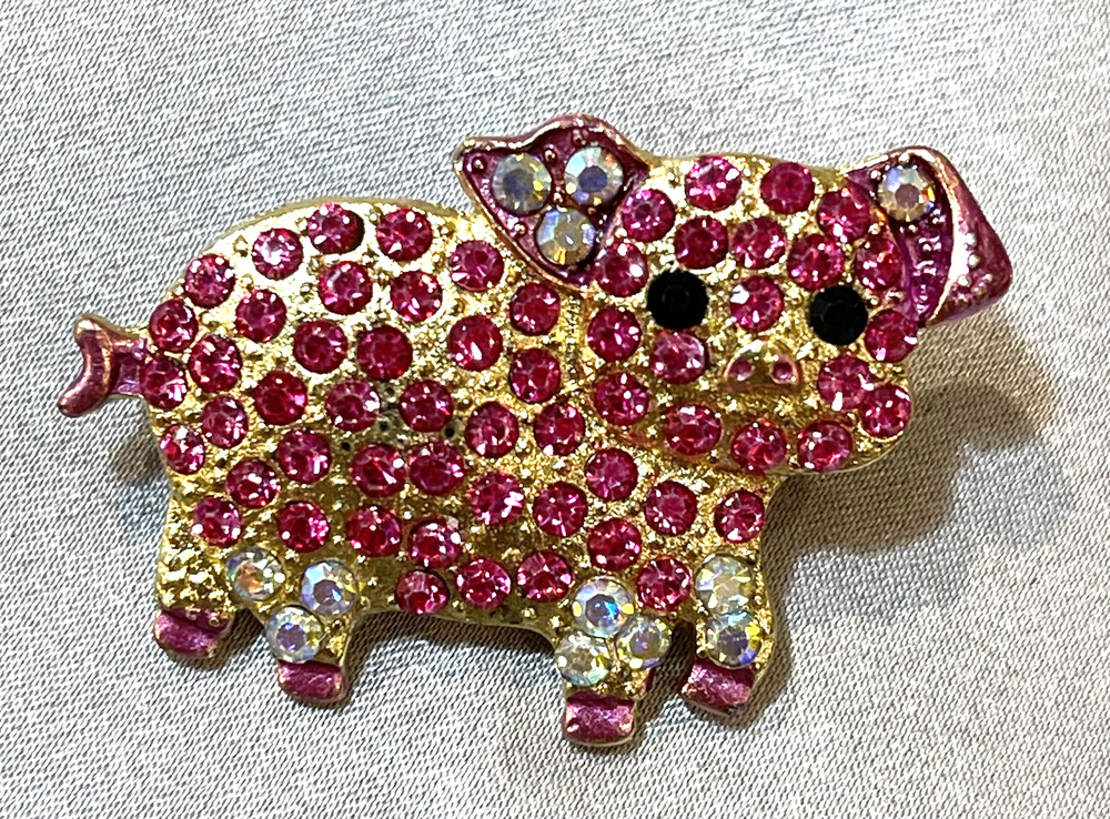 NWOT Pink Rhinestone Pig Lapel Pin Brooch Enamel Gold Toned Pink Crystal